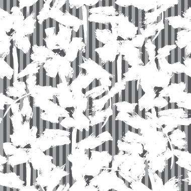 Moda tekstil ve grafikleri için çizgili arka planı olan siyah ve beyaz tropikal dikişsiz bitki deseni