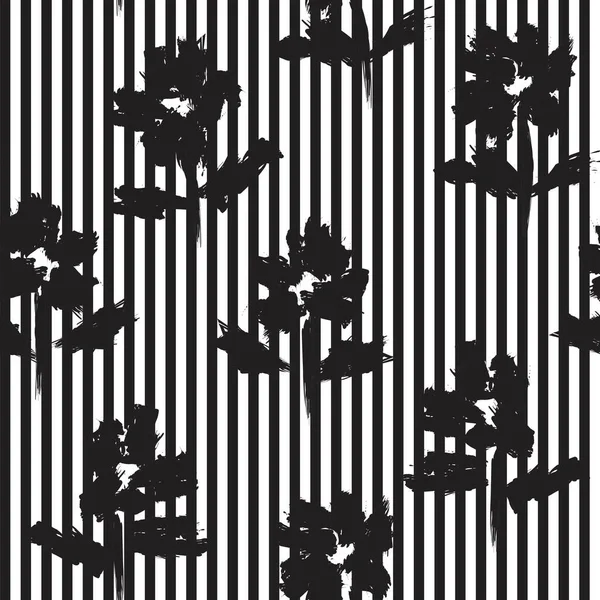 Schwarz Weiß Florales Botanisches Nahtloses Muster Mit Gestreiftem Hintergrund Für — Stockvektor