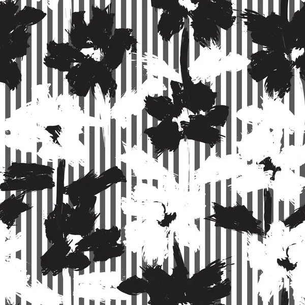 Moda tekstil ve grafikleri için çizgili arka planı olan siyah ve beyaz tropikal dikişsiz bitki deseni
