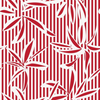 Moda tekstil ve grafikleri için çizgili arkaplanı olan kırmızı çiçekli tropikal dikişsiz desen
