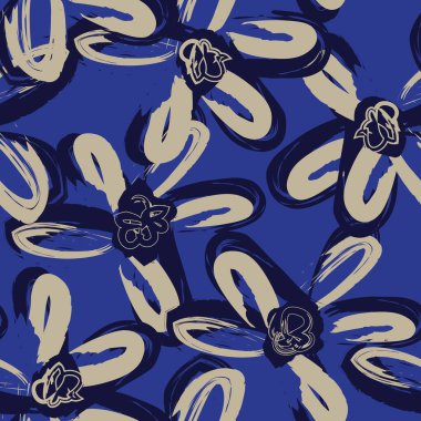 Mavi çiçekli fırça darbeleri moda baskıları, grafikler, arka planlar ve el sanatları için pürüzsüz desenli arka plan