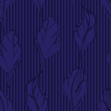 Moda tekstil ve grafikleri için çizgili arkaplanı olan mavi çiçekli tropikal dikişsiz desen