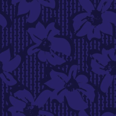 Moda tekstil ve grafikleri için çizgili arkaplanı olan mavi çiçekli tropikal dikişsiz desen