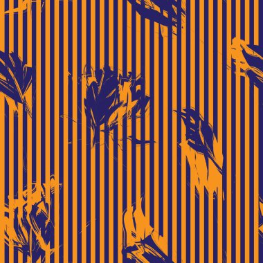 Moda tekstil ve grafikleri için çizgili arka plana sahip turuncu tropikal bitkisel desen