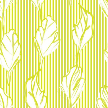 Moda tekstil ve grafikleri için çizgili arka plana sahip sarı çiçekli, tropikal dikişsiz desen