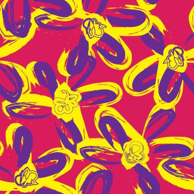 Mor çiçekli fırça darbeleri moda baskıları, grafikler, arka planlar ve el sanatları için pürüzsüz desenli arkaplan