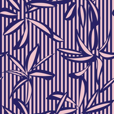 Moda tekstil ve grafikleri için çizgili arka plana sahip pembe donanma çiçekli tropikal botanik deseni