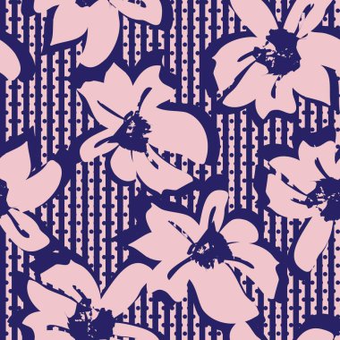 Moda tekstil ve grafikleri için çizgili arka plana sahip pembe donanma çiçekli tropikal botanik deseni