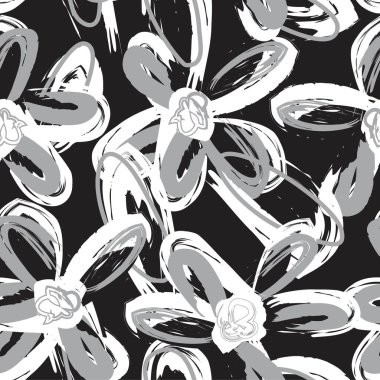 Siyah ve Beyaz Çiçek fırça darbeleri moda baskıları, grafikler, arka planlar ve el sanatları için pürüzsüz desenli arka plan