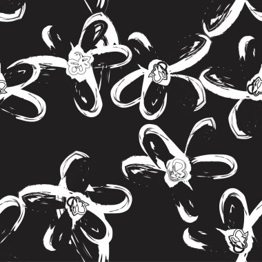 Siyah ve Beyaz Çiçek fırça darbeleri moda baskıları, grafikler, arka planlar ve el sanatları için pürüzsüz desenli arka plan