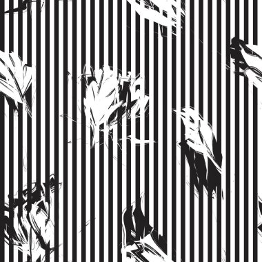 Moda tekstil ve grafikleri için çizgili arka planı olan siyah ve beyaz tropikal dikişsiz bitki deseni