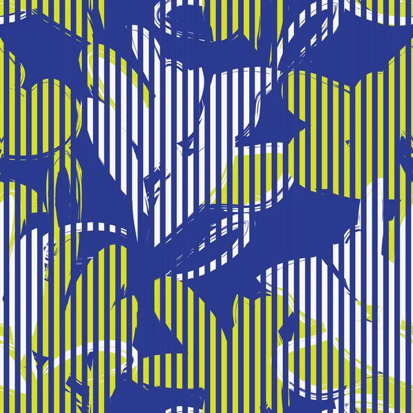 Moda tekstil ve grafikleri için çizgili arka plana sahip sarı çiçekli, tropikal dikişsiz desen