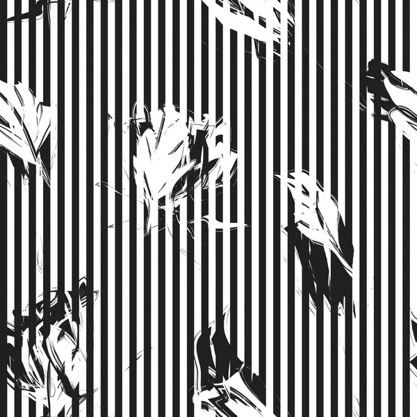Moda tekstil ve grafikleri için çizgili arka planı olan siyah ve beyaz tropikal dikişsiz bitki deseni