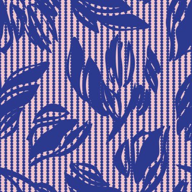 Moda tekstil ve grafikleri için çizgili arka plana sahip pembe donanma çiçekli desen