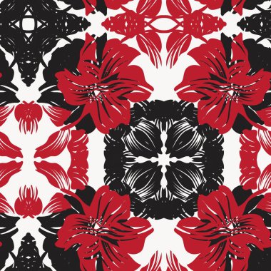 Moda tekstil ve grafikleri için kırmızı simetrik çiçek desensiz desen tasarımı