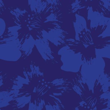 Mavi çiçekli fırça darbeleri moda baskıları, grafikler, arka planlar ve el sanatları için pürüzsüz desenli arka plan