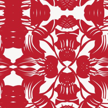 Moda tekstil ve grafikleri için kırmızı simetrik çiçek desensiz desen tasarımı