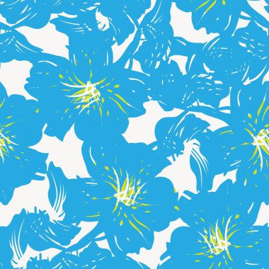 Mavi çiçekli fırça darbeleri moda baskıları, grafikler, arka planlar ve el sanatları için pürüzsüz desenli arka plan