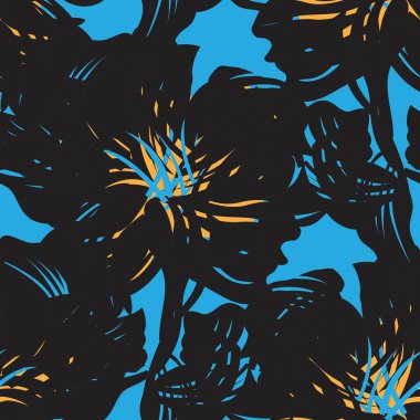 Mavi çiçekli fırça darbeleri moda baskıları, grafikler, arka planlar ve el sanatları için pürüzsüz desenli arka plan