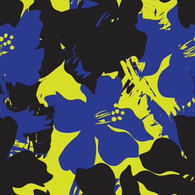 Mavi çiçekli fırça darbeleri moda baskıları, grafikler, arka planlar ve el sanatları için pürüzsüz desenli arka plan