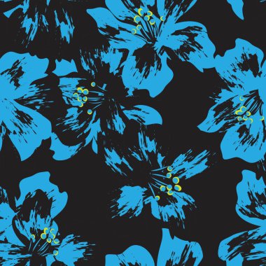 Mavi çiçekli fırça darbeleri moda baskıları, grafikler, arka planlar ve el sanatları için pürüzsüz desenli arka plan