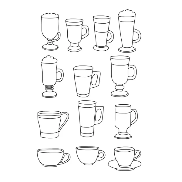 Hand getekende afbeelding met koffie kopjes en glazen — Stockvector