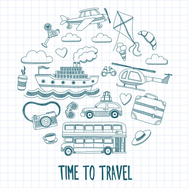 Ručně kreslenými obrázky cestování a doprava — Stockový vektor