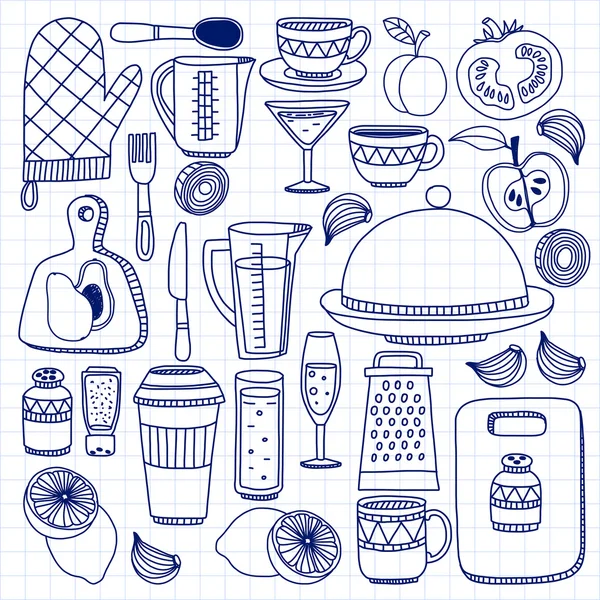 Vector doodle set of kitchenware items — Stock Vector