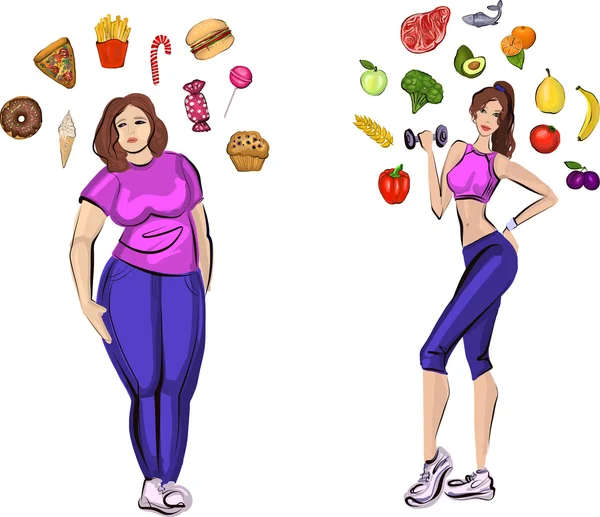 Tłuszczu i zdrowa kobieta z symboli styl życia — Wektor stockowy