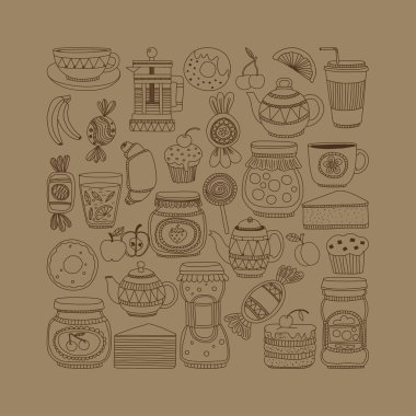 Kahve, çay ve gıda simgeler Doodle Stil kümesi