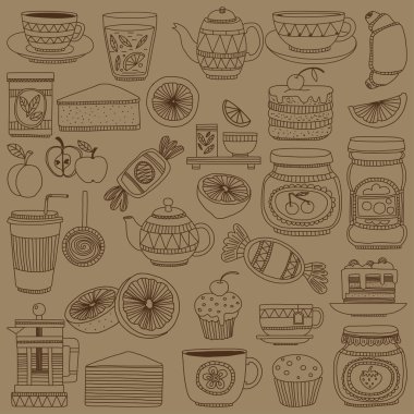 Kahve, çay ve gıda simgeler Doodle Stil kümesi