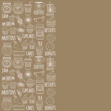 Kahve, çay ve gıda simgeler Doodle Stil kümesi