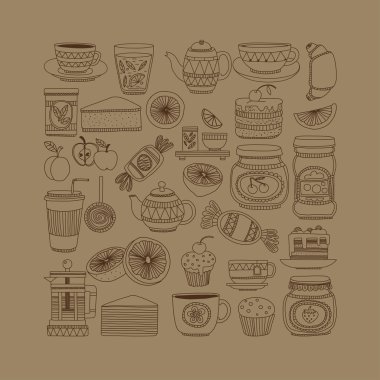 Kahve, çay ve gıda simgeler Doodle Stil kümesi
