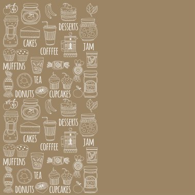 Kahve, çay ve gıda simgeler Doodle Stil kümesi