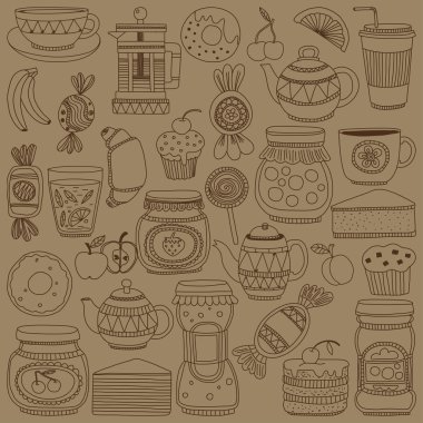 Kahve, çay ve gıda simgeler Doodle Stil kümesi