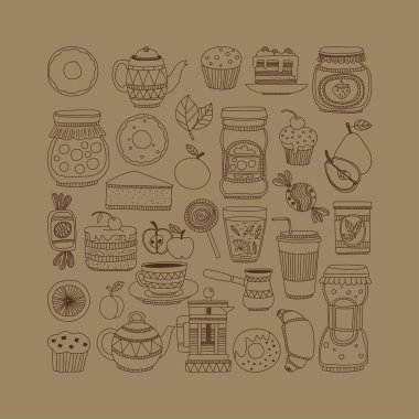 Kahve, çay ve gıda simgeler Doodle Stil kümesi