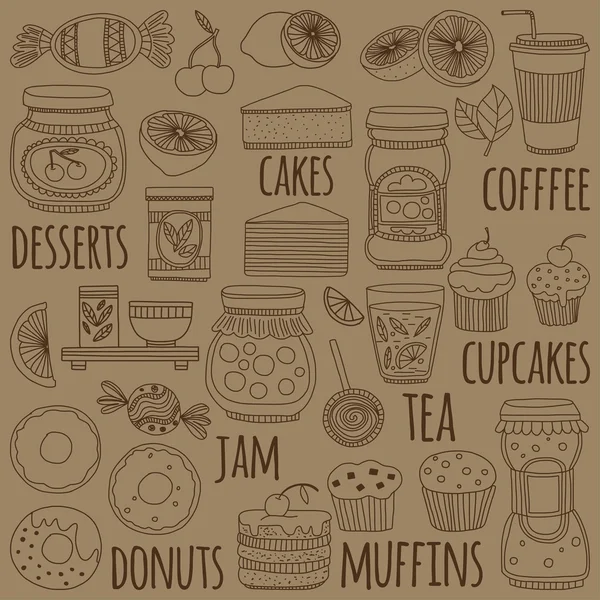 Zestaw kawa, herbata i żywności Doodle ikony stylu — Wektor stockowy