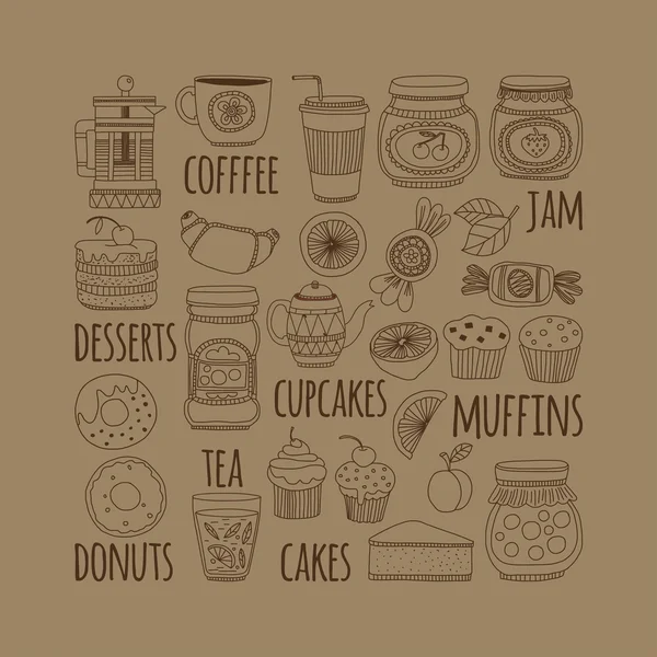 Set von Kaffee, Tee und Food-Ikonen im Doodle-Stil — Stockvektor