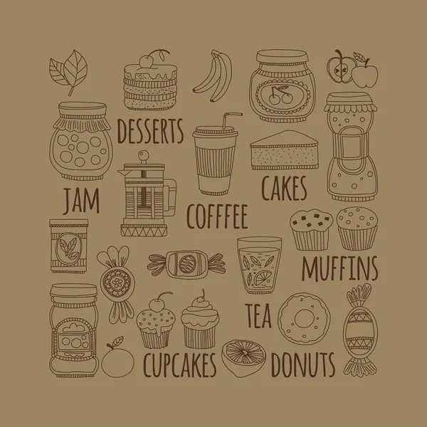 咖啡、 茶和食物图标涂鸦风格一套 — 图库矢量图片