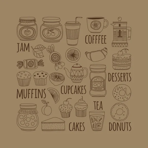 Zestaw kawa, herbata i żywności Doodle ikony stylu — Wektor stockowy