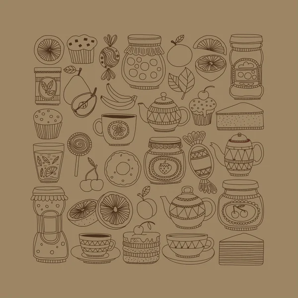 Set of coffee, tea, and food icons Doodle style — Stock Vector