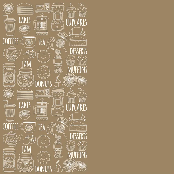 커피, 차, 및 음식 아이콘 낙서 스타일의 집합 — 스톡 벡터