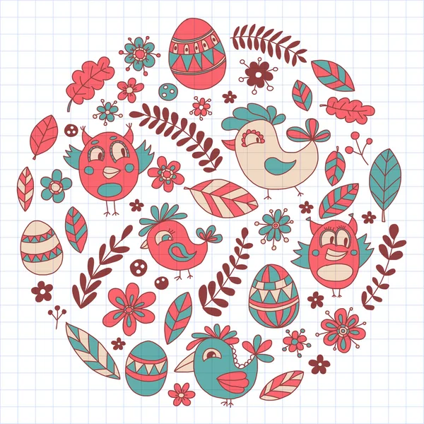 Ensemble de caniches avec fleurs, oiseaux et œufs — Image vectorielle