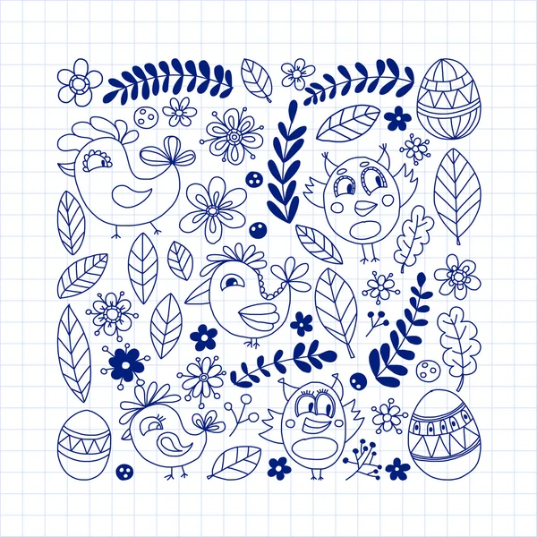 Doodle uppsättning med blommor, fåglar och ägg — Stock vektor