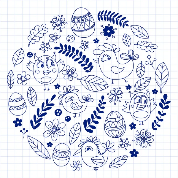Ensemble de caniches avec fleurs, oiseaux et œufs — Image vectorielle
