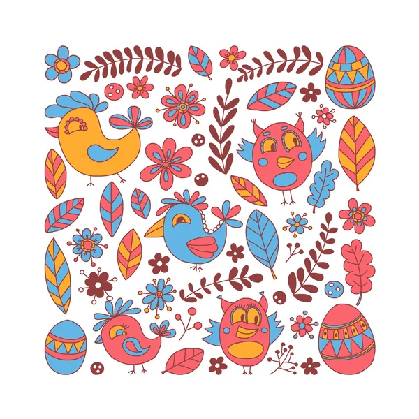 Doodle set with flowers, birds and eggs — Stock Vector