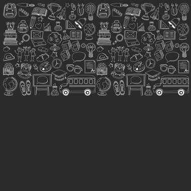 Okula geri küme doodle. Doğrusal simgeler