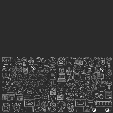 Okula geri küme doodle. Doğrusal simgeler