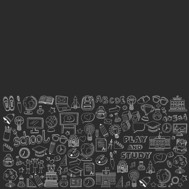 Okula geri küme doodle. Doğrusal simgeler