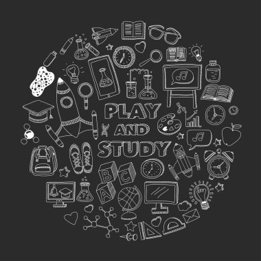 Okula geri küme doodle. Doğrusal simgeler